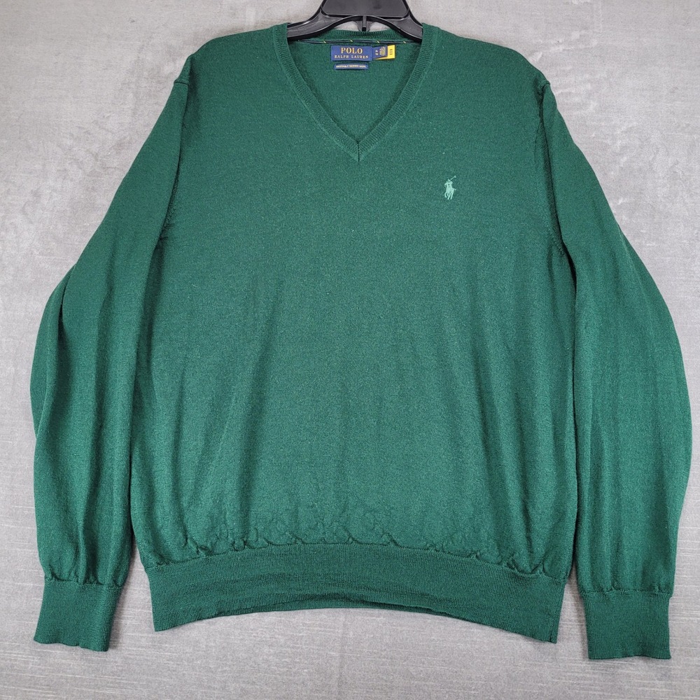 Polo Ralph Lauren Mens XL Washable Merino Wool V-Neck Sweater Green Pony Logo